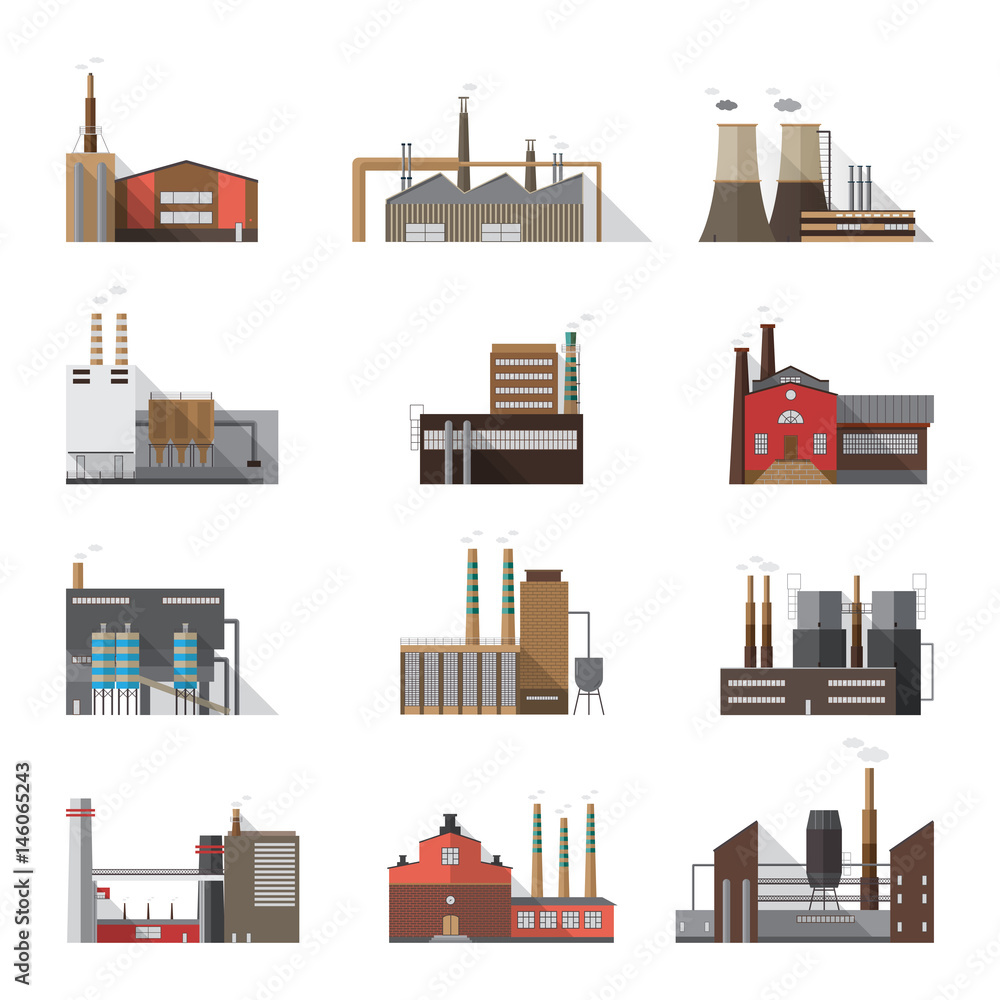 Set of industrial factory and plant buildings. Collection manufacturers with smoking chimneys. Vector colorful illustration in flat style.