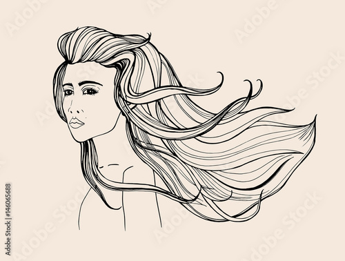 Fashion portrait. Beautiful girl with long flowing hair. Contour hand drawn illustration.