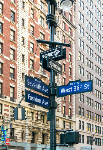 Street signs of Seventh Ave and West 36th street in Manhattan, New York City