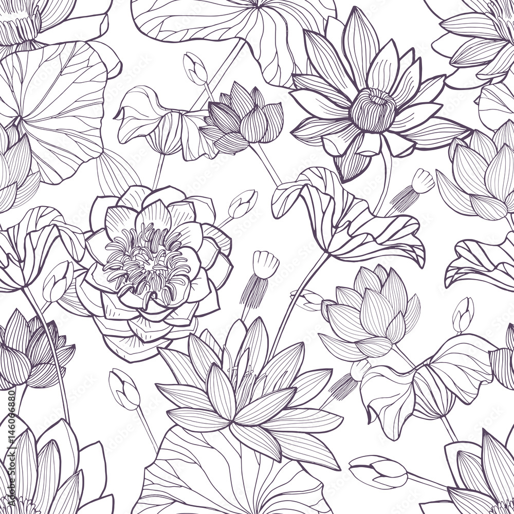 Lotus floral seamless pattern. Hand drawn monochrome background. - obrazy, fototapety, plakaty 
