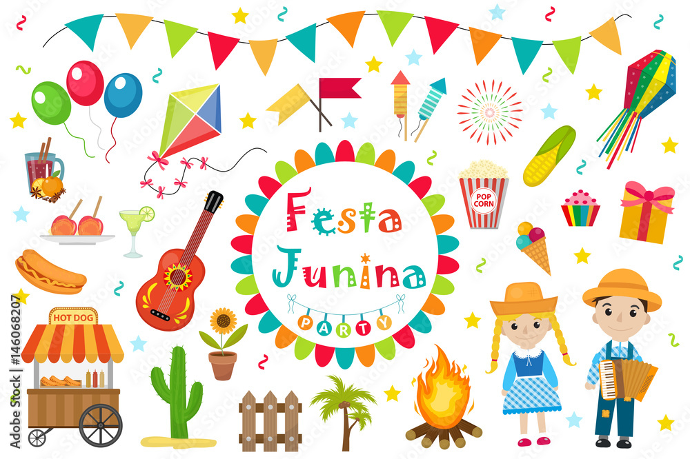 Fototapeta premium Festa Junina set icons, flat style. Brazilian Latin American festival, celebration of traditional symbols. Collection of design elements, isolated on white background. Vector illustration, clip-art