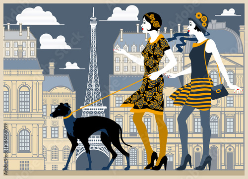 Photography Two flapper girls walking with a dog in the center of Paris