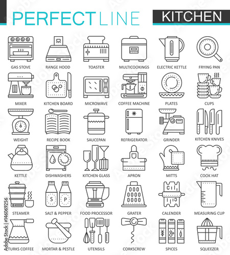 Cooking and kitchen outline concept symbols. Perfect thin line icons. Modern linear stroke style illustrations set.