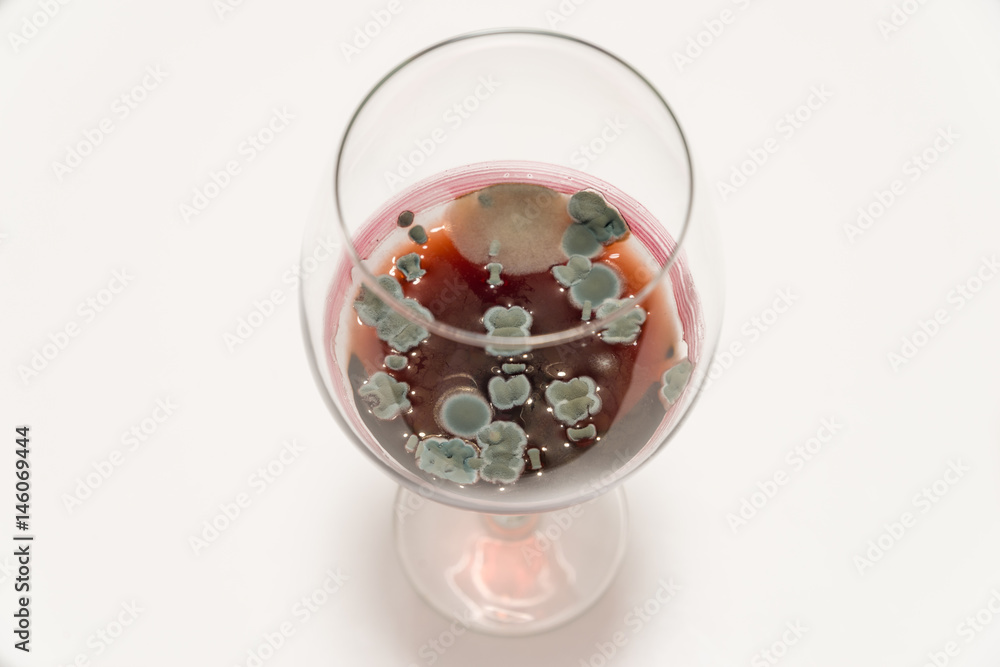 Glas mit schimmeligen Rotwein auf einem weißen Tisch Glas mit schimmeligen Rotwein auf einem weißen Tisch