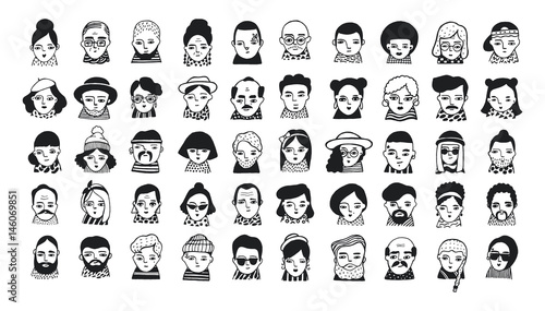Big set of people avatars for social media, website. Doodle portraits fashionable girls and guys. Trendy hand drawn icons collection. Black and white vector illustration.