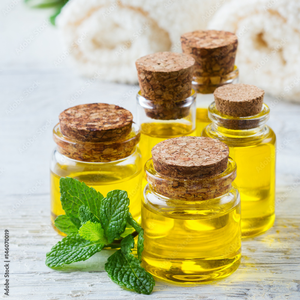 Organic essential oil with green mint leaves, spa concept Organic essential oil with green mint leaves, spa concept