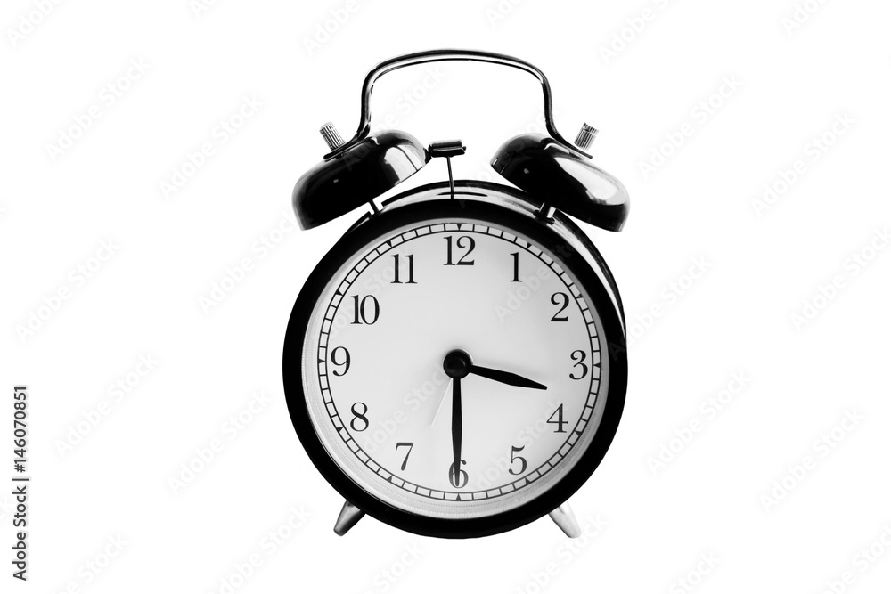 Alarm clock with beep sound isolated on white. Vintage round mechanical watch. The time in retro style. The device, which reliably Wake a person. Minutes and seconds on the dial. Alarm clock with beep sound isolated on white. Vintage round mechanical watch. The time in retro style. The device, which reliably Wake a person. Minutes and seconds on the dial.