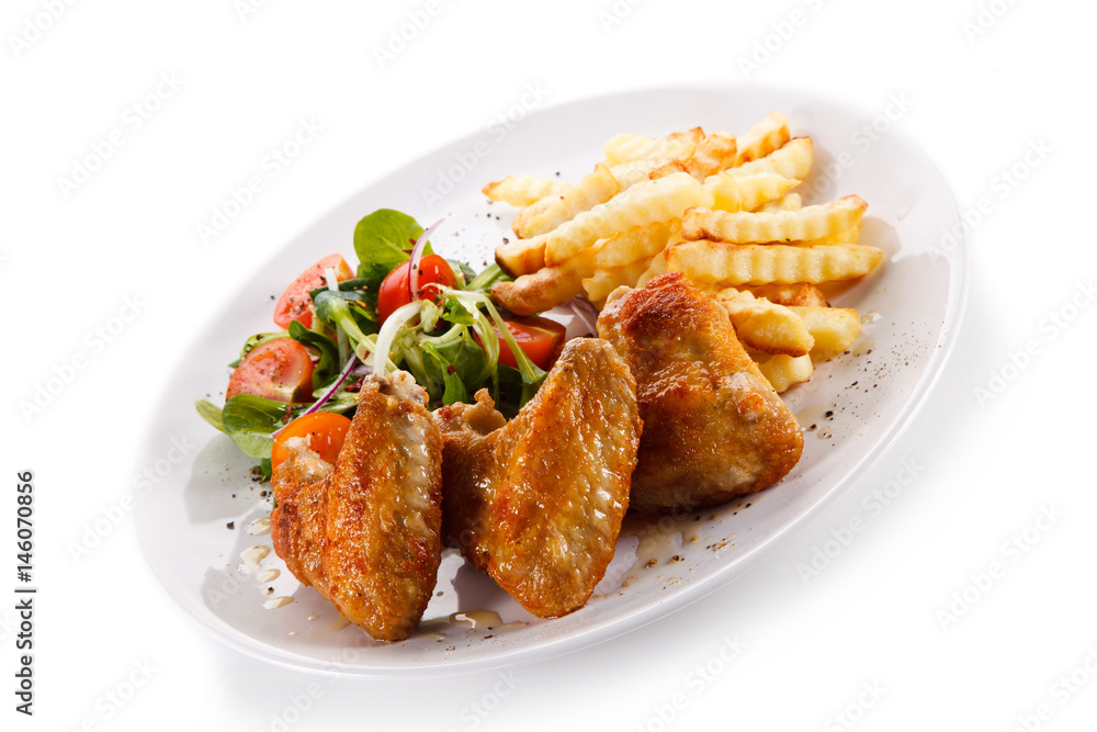 Fried chicken wings with french fries Fried chicken wings with french fries