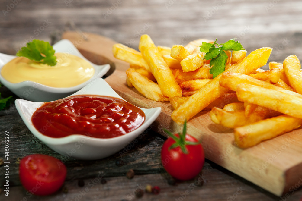 French fries on chopping board with cherry tomato, tomato sauce and mayonnaise in bowls French fries on chopping board with cherry tomato, tomato sauce and mayonnaise in bowls