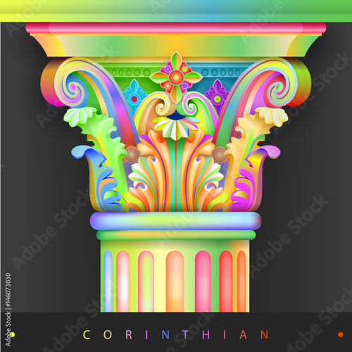 Bright colored capital of the Corinthian column. Installation. Vector graphics