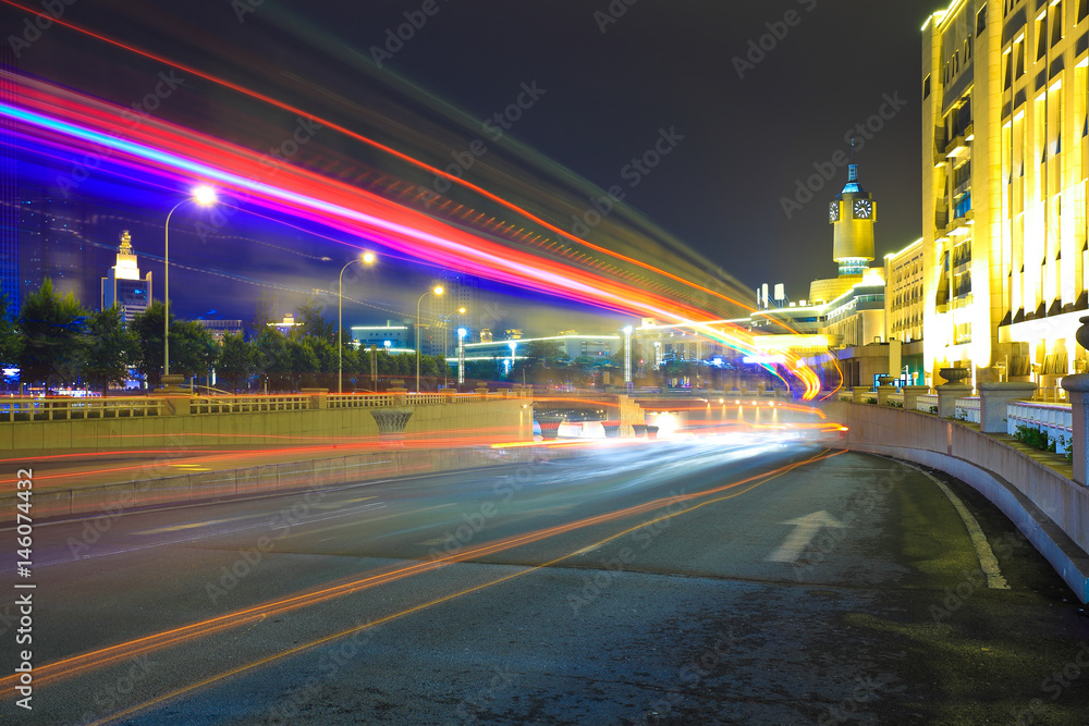 City road surface floor with City building of night scene