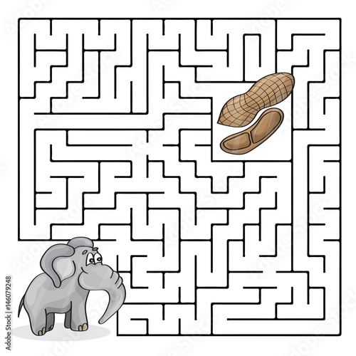 Education Maze or Labyrinth Game for Children with Cute Elephant and Peanuts