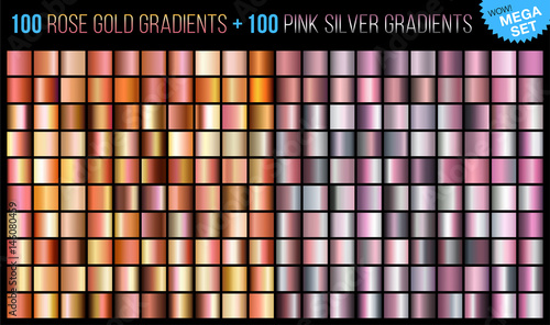 Vector mega set of 100 rose gold and 100 pink silver gradients. Trends color background texture. Mega collection metallic and golden gradient illustration for fashion design.