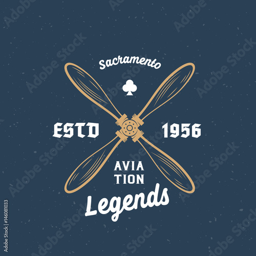 Aviation Legends Airplane Vector Retro Label, Sign or Logo Template. Vintage Wooden Airscrew with Typography and Shabby Texture.