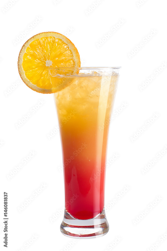 A refreshing alcoholic cocktail is decorated from an orange. Red cocktail on a white background A refreshing alcoholic cocktail is decorated from an orange. Red cocktail on a white background