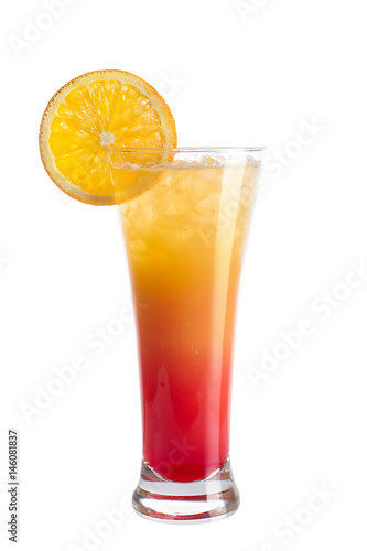 A refreshing alcoholic cocktail is decorated from an orange. Red cocktail on a white background