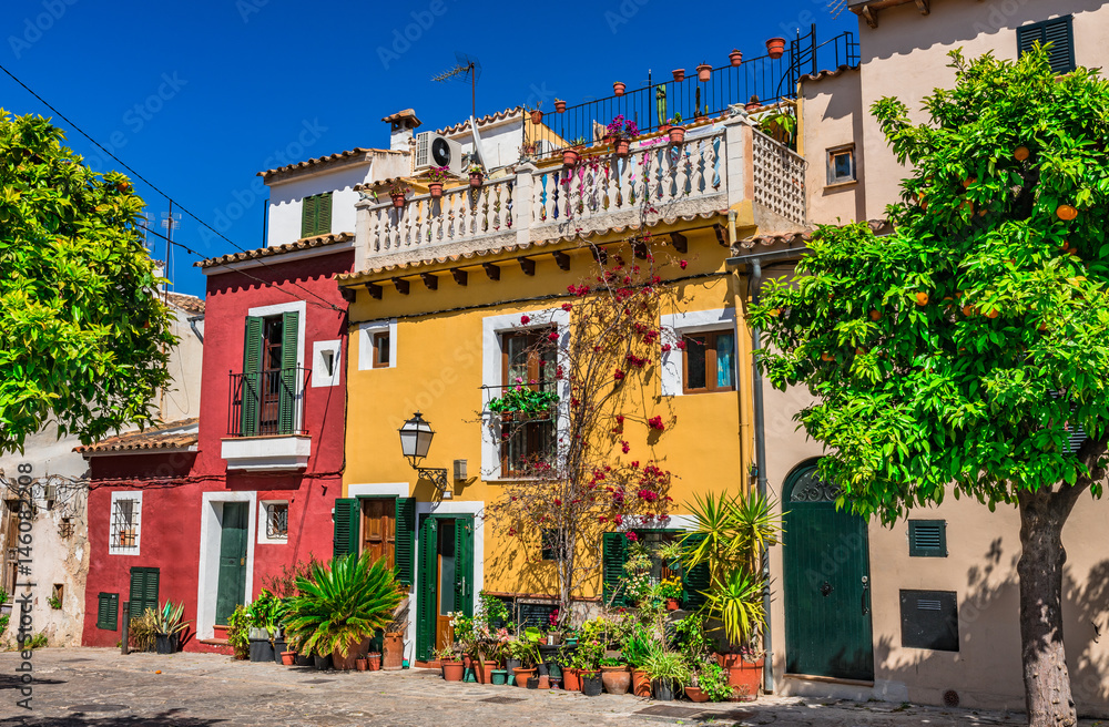 Spain Palma de Majorca city, view of beautiful colorful houses