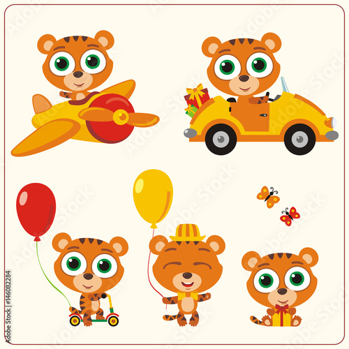 Fototapeta Naklejka Na Ścianę i Meble -  Set isolated tiger for holiday design. Little tiger in airplane, car, with balloons and gifts. Collection funny tiger in cartoon style for children holiday and birthday.