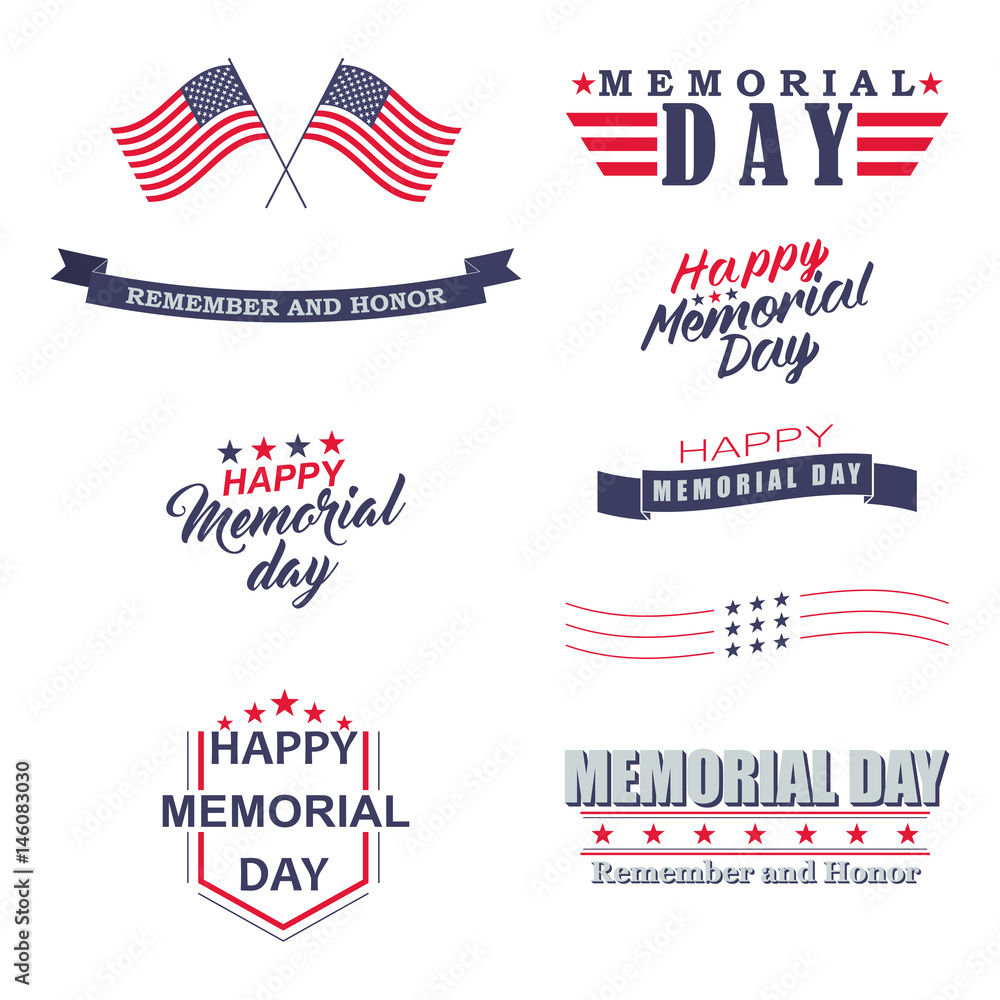 Vector Memorial day design elements. Happy Memorial Day, Remember and Honor lettering for holiday design. - obrazy, fototapety, plakaty 
