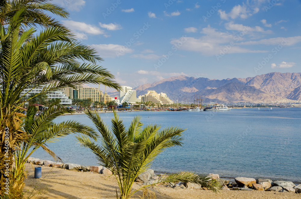 Sunny day at central beach of Eilat  -  famous resort city in Israel

