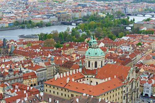 Panorama of Prague with Red Roofs from Above Summer Day at Dusk, View from the height, The Charles Bridge Czech Republic