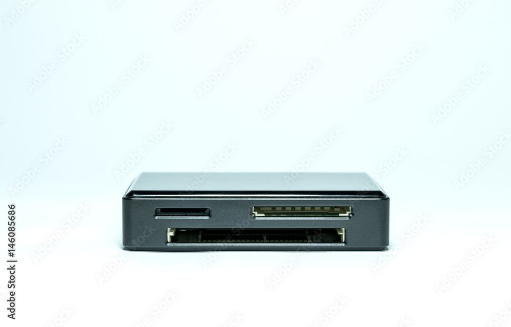Black Card reader has a slot for the dard on white background. Black Card reader has a slot for the dard on white background.