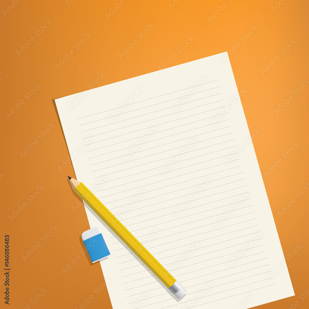 The pencil and eraser is placed above the line paper on a orange background illustration vector, Education concept The pencil and eraser is placed above the line paper on a orange background illustration vector, Education concept