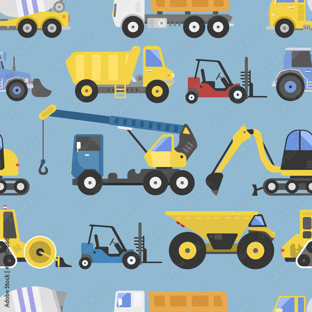 Construction equipment seamless pattern machinery with trucks flat yellow transport vector illustration