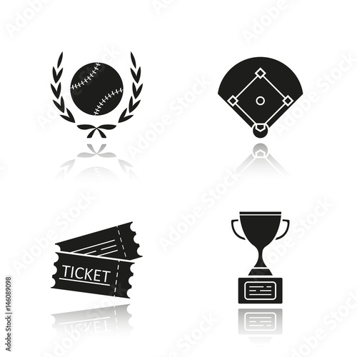 Baseball championship drop shadow black icons set