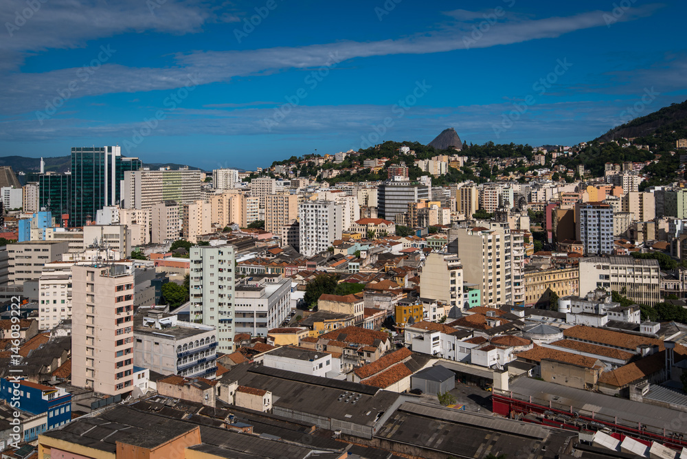 Aerial View of Rio de Janeiro City Center, Top of the Sugarloaf Mountain Can Be Seen in the Horizon