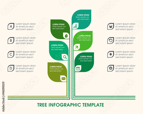 Tree infographic with icons, numbers and placeholder text. Green business diagram, and template. Vector timeline and industry growth chart.