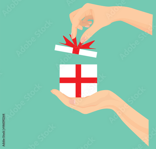 Vector of hand open giftbox, Give, presenting gift with red ribbon.