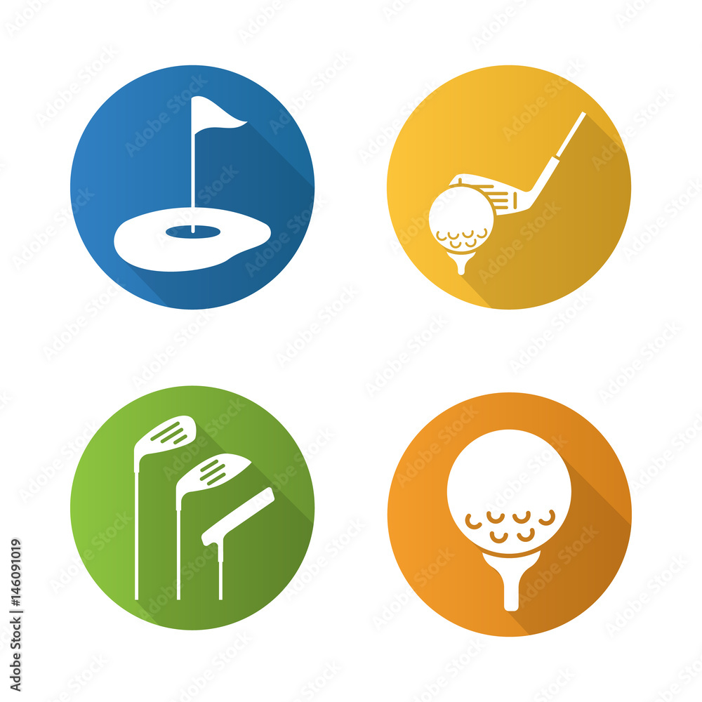 Golf flat design long shadow icons set