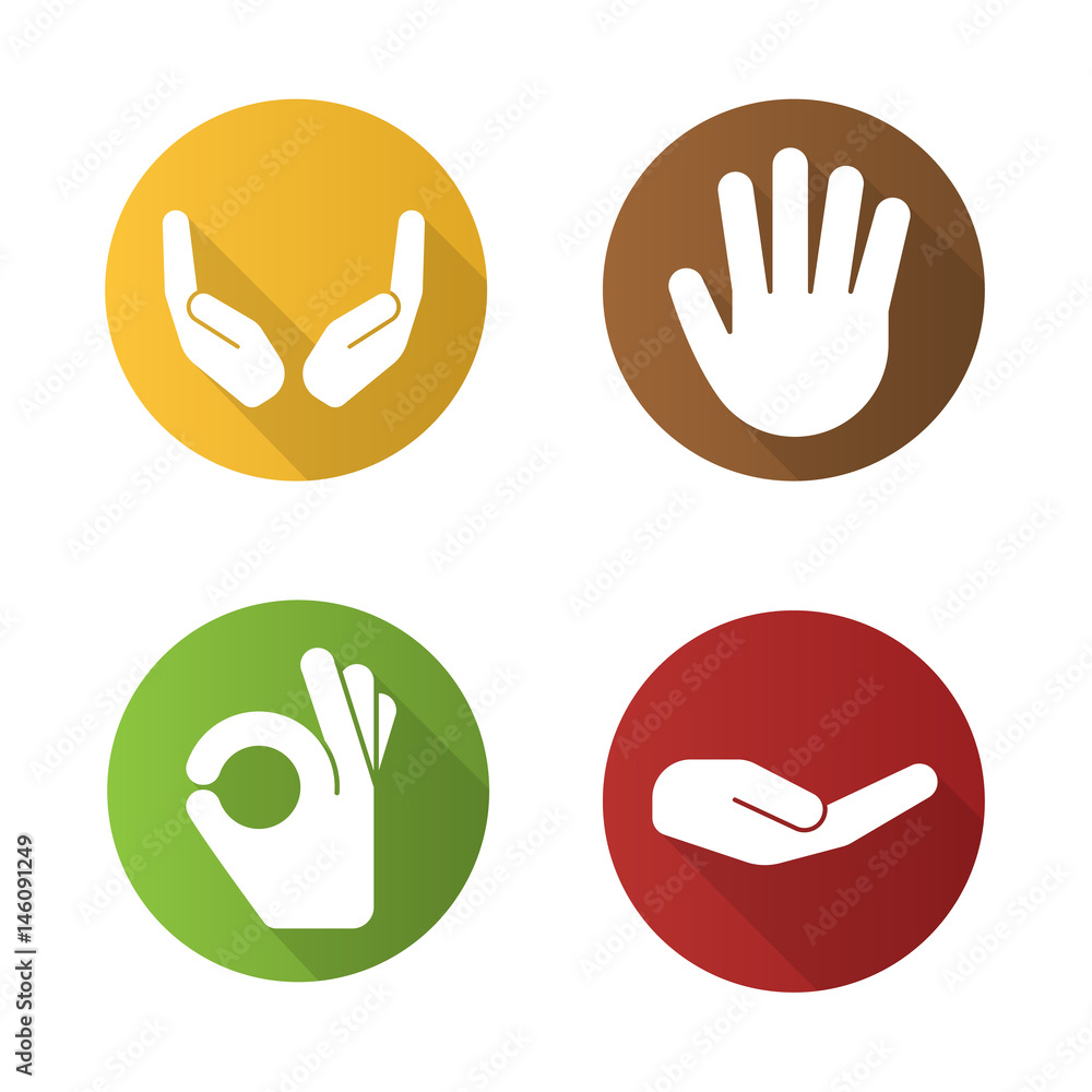 Hand gestures flat design long shadow icons set Hand gestures flat design long shadow icons set
