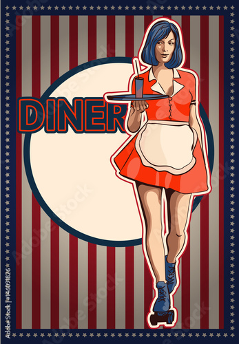 Waitress with a tray on roller skates, vector art. Waitress from a diner. Short skirt.