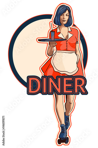 Waitress with a tray on roller skates, vector art. Waitress from a diner. Short skirt.