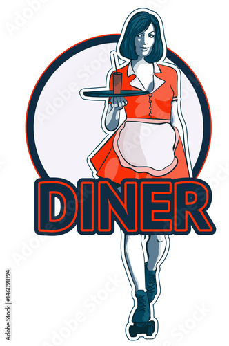 Waitress with a tray on roller skates, vector art. Waitress from a diner. Short skirt.