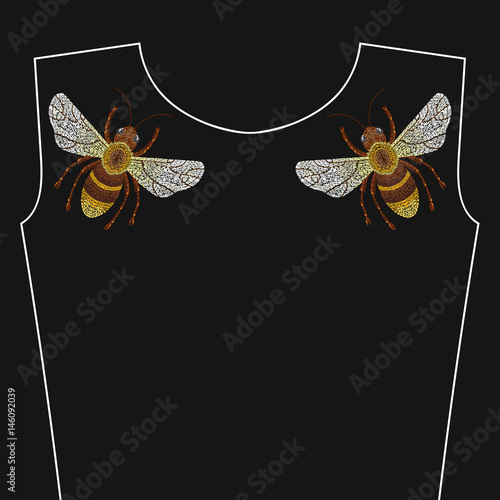 Embroidery stitches with bee insect for fashion neckline. Vector embroidered summer ornament on black background for fabric traditional decoration.