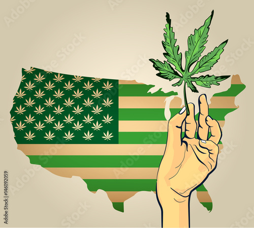 Usa map as green flag with cannabis leaf. Vector image photo