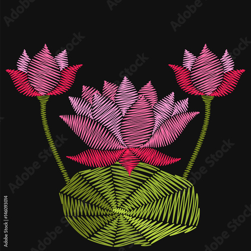 Lotus embroidery on black background. Fashion vector illustration.