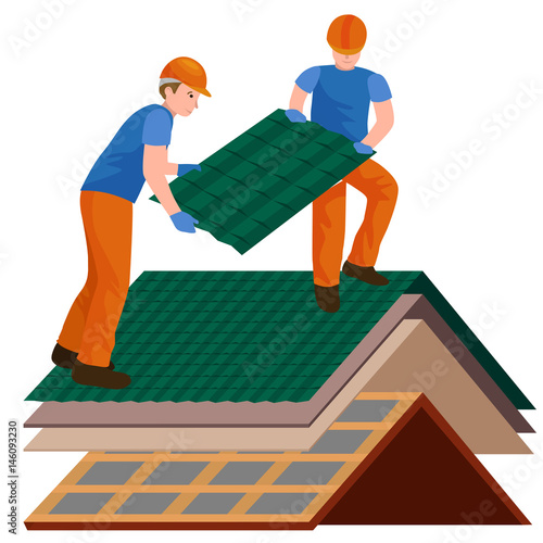 roof construction worker repair home, build structure fixing rooftop tile house with labor equipment, roofer men with work tools in hands outdoors renovation residential vector illustration