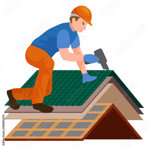 roof construction worker repair home, build structure fixing rooftop tile house with labor equipment, roofer men with work tools in hands outdoors renovation residential vector illustration