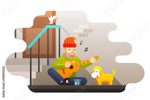 Homeless poor man plays guitar about hard life hunger cold asks for help compassion music dog street wall door bird ladder background flat design vector illustration