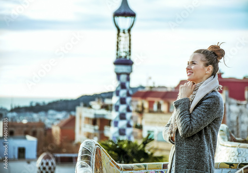 Photography traveller woman at Guell Park in Barcelona, Spain sightseeing