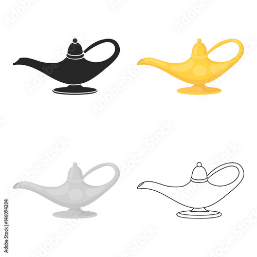 Genie's lamp icon in cartoon style isolated on white background. Black and white magic symbol stock vector illustration.