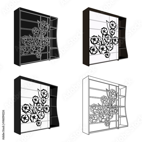 Black bedroom wardrobe with cells.Wardrobe with a beautiful rose on the door.Bedroom furniture single icon in cartoon style vector symbol stock illustration.