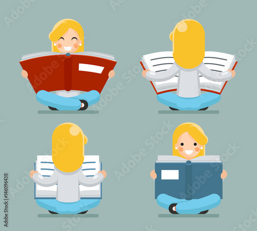 Young Girl Reading Book Sitting on Floor Characters Icon Symbol Stylish Isolated cartoon Design Concept Template Vector Illustration