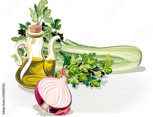 Composition with onion, parsley, celery and olive oil.