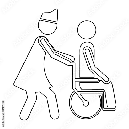 silhouette nurse helping another person push a wheelchair vector illustration