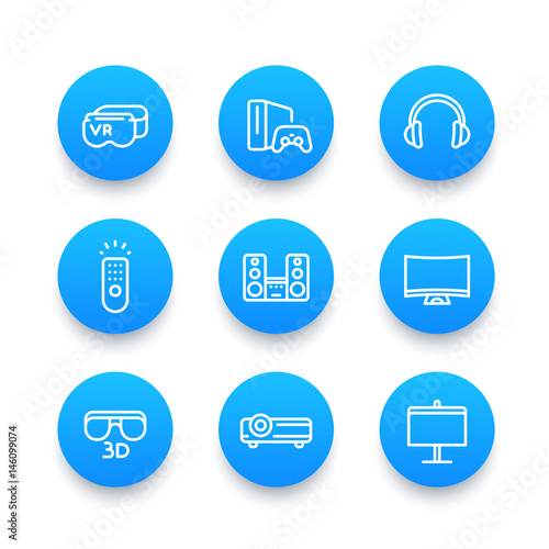 home entertainment system linear blue icons set, virtual reality glasses, multimedia projector, 3d, audio speakers, game console
